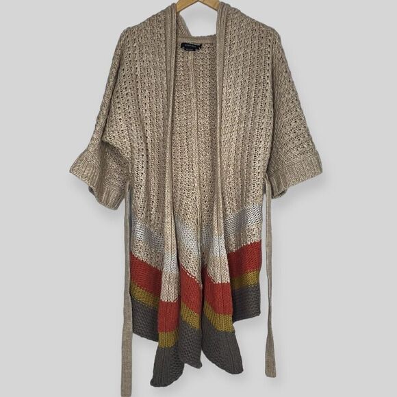 Vertigo Hooded Cardigan Womens Small Colorblock Tan Weekend Crochet Sweater Coat - Picture 2 of 13